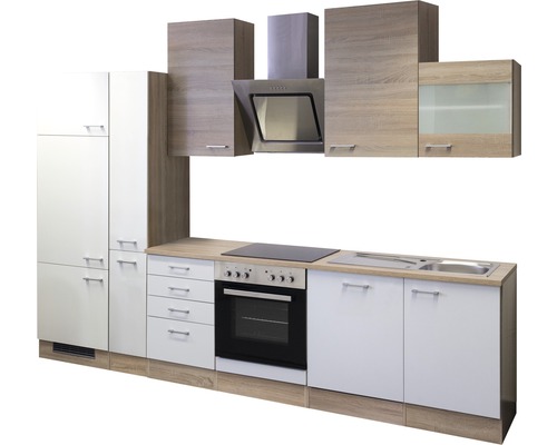 Einbauküche mit Elektrogeräten, Arbeitsplatte, Spüle und Dunstabzugshaube