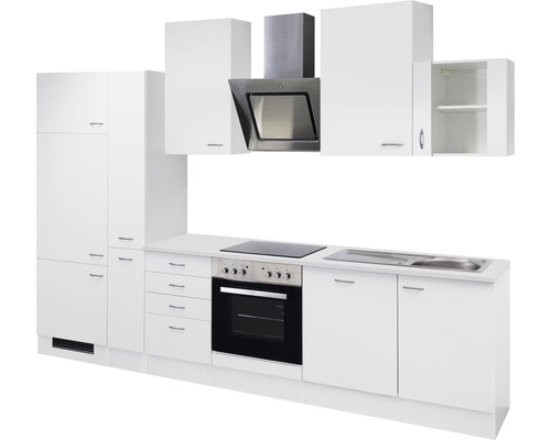 Komplette weiße Küche mit Schränken, Dunstabzugshaube, Spüle und Herd