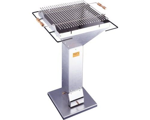 Säulengrill aus Edelstahl mit Grillrost und Holzgriffen