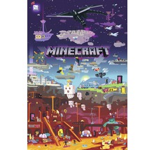 Univers du jeu Minecraft avec différents biomes, créatures et structures.