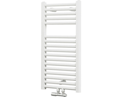 Weißer Handtuchheizkörper mit Anschlussgarnitur