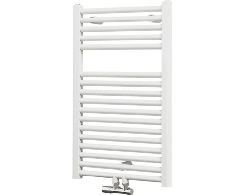 Weißer Badheizkörper mit horizontalen Heizstäben.