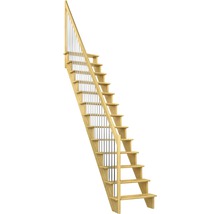 Holztreppe mit Geländer und Metallstäben
