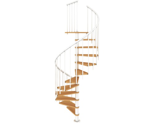 Escalier en colimaçon avec marches en bois et rampe blanche
