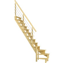 Holztreppe mit Geländer und Stahlseilen