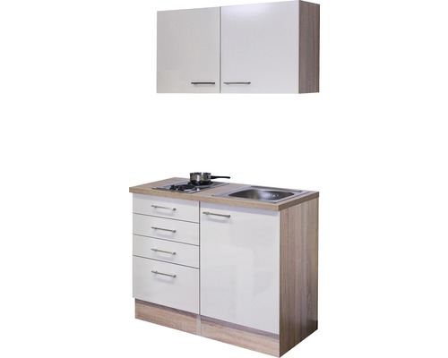 Cuisine compacte avec évier, plaque de cuisson, éléments bas et haut