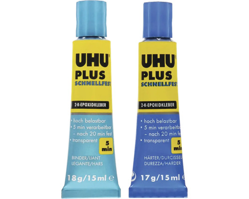Deux tubes de colle époxy bi-composant UHU Plus Schnellfest, liant et durcisseur