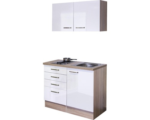 Cuisine compacte avec évier, plaque de cuisson, tiroirs et élément haut pour petits espaces