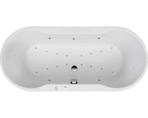 Oval geformte Badewanne mit Whirlpoolfunktion, Draufsicht.