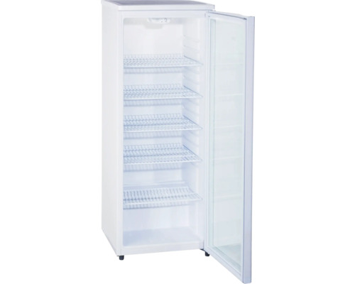 Freistehender Gefrierschrank mit offener Tür und mehreren Regalen