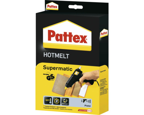 Pistolet à colle chaude Pattex Hotmelt Supermatic avec 2 bâtons de colle chaude
