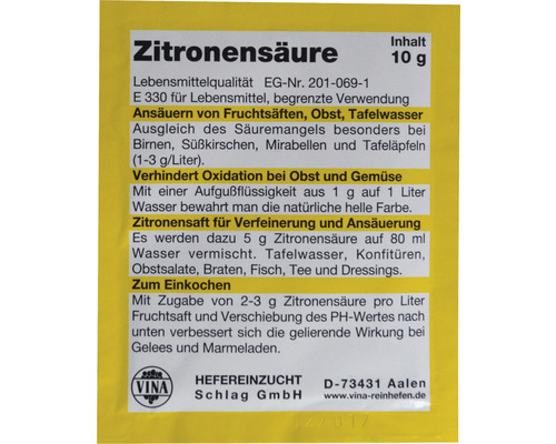 Zitronensäure 10 g Beutel zum Ansäuern von Fruchtsäften und Maischen