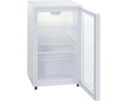 Réfrigérateur blanc avec porte avant en verre et étagères à grille