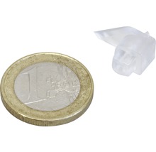 Regalbodenhalterung aus Kunststoff neben einer Euro-Münze
