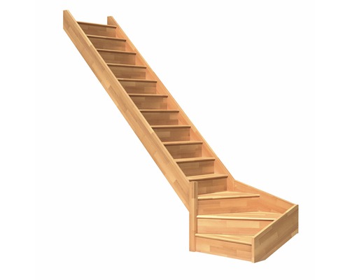 Escalier à limon latéral escalier de meunier Pertura Elenie hêtre bois lamellé-collé sans contremarches 1/4-tournant en bas à gauche 16 marches / 17 pas de marche