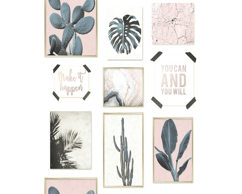 Papier peint intissé 104951 MADDY images botaniques Décoration murale avec motifs de cactus, feuilles et marbrures dans des cadres