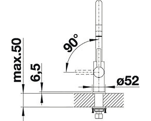 Technische Zeichnung eines Wasserhahns mit Maßangaben