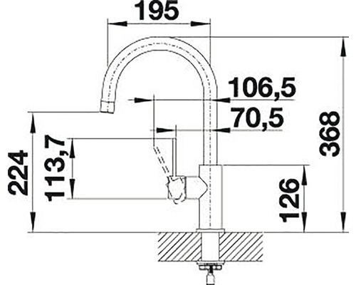 Technische Zeichnung einer Küchenarmatur mit Maßangaben