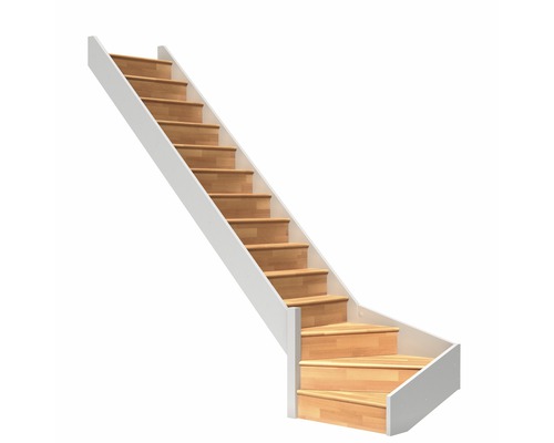 Escalier à limon latéral escalier de meunier Pertura Elenie hêtre bois lamellé-collé avec contremarches 1/4-tournant en bas à gauche 16 marches / 17 pas de marche