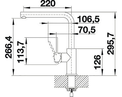 Technische Zeichnung einer Küchenarmatur mit Maßangaben