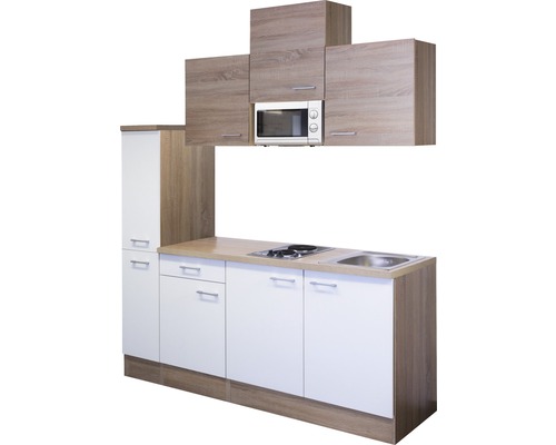 Cuisine moderne avec éléments hauts et bas, évier, plaque de cuisson et micro-ondes