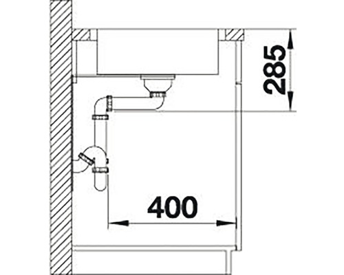 Technische Zeichnung eines Spülbeckens mit Abmessungen