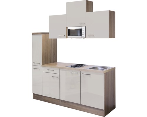 Komplette Küchenzeile mit Ober- und Unterschränken, Spüle, Kochfeld und Mikrowelle
