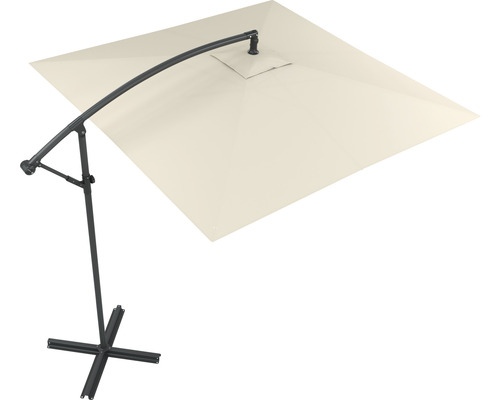 Beigefarbener Ampelschirm mit Metallgestell