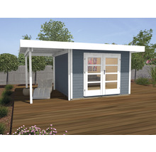 Gartenhaus mit überdachter Terrasse auf Holzterrasse