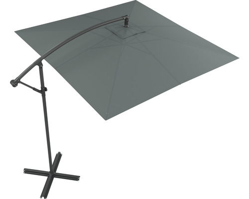 Grauer quadratischer Ampelschirm mit Fußkreuz für den Garten.