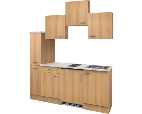 Cuisine compacte avec évier, plaque de cuisson et éléments hauts