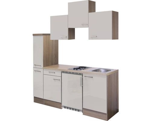 Cuisine compacte avec évier, plaque de cuisson, réfrigérateur et éléments hauts