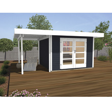Holzgartenhaus mit Terrasse und Doppeltür auf einer Holzterrasse