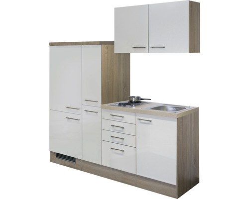 Kompakte Küchenzeile mit Spüle, Kochfeld, Schränken und Schubladen