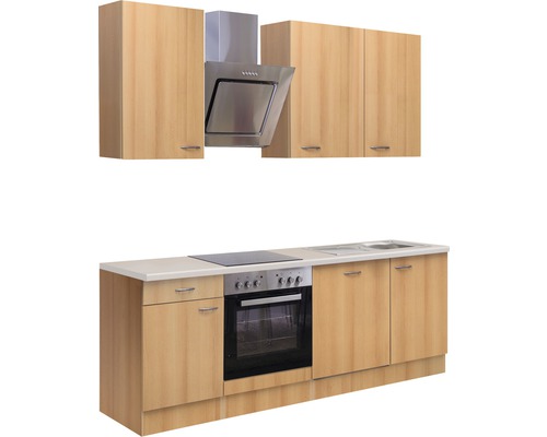 Cuisine intégrée avec éléments hauts, hotte aspirante, évier et cuisinière