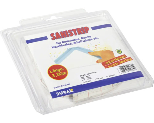 Bande d''étanchéité sanitaire dans un emballage transparent avec des informations sur la longueur et le matériau