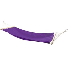Hamac violet avec cadre en bois et suspension à cordes