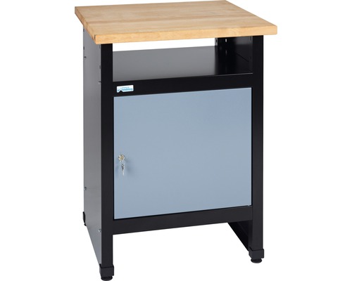 Desserte Küpper en argent à effet martelé 600 mm avec 1 compartiment, 1 porte Établi avec plaque en bois, étagère et porte verrouillable