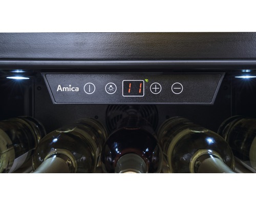 Logo Amica, panneau de commande d''une cave à vin avec affichage de la température