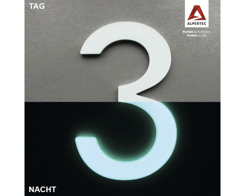 Hausnummer 3 Nachtleuchtend glow in the Dark selbstleuchtend Hausnummer 3 mit Tag- und Nachtansicht sowie Alpertec Logo