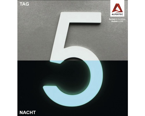 Hausnummer 5 Nachtleuchtend glow in the Dark selbstleuchtend Hausnummer 5, tagsüber und nachts sichtbar, mit Alpertec Logo