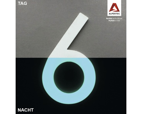 Hausnummer 6 Nachtleuchtend glow in the Dark selbstleuchtend Hausnummer 6 mit Nachleuchteffekt und Alpertec Logo