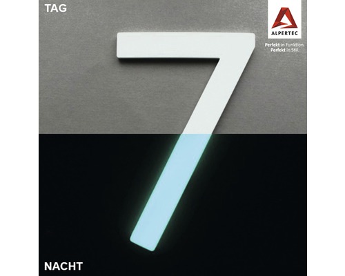 Hausnummer 7 Nachtleuchtend glow in the Dark selbstleuchtend Hausnummer 7, tagsüber weiß, nachts leuchtend, Alpertec Logo