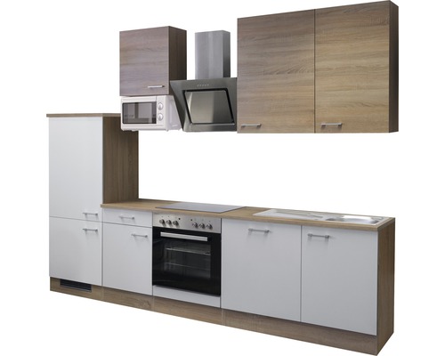 Komplette Küchenzeile mit Spüle, Herd, Dunstabzugshaube und Schränken