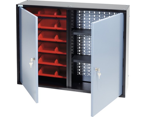 Armoire suspendue Küpper argent martelé 800 mm 2 portes, 2 tablettes, 18 boîtes Armoire d''atelier avec deux portes, étagères et bacs de rangement