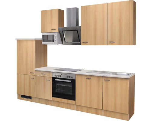 Küchenzeile mit Ober- und Unterschränken, Dunstabzugshaube, Mikrowelle, Spüle und Herd