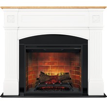 Cheminée avec cadre blanc, plateau en bois et feu électrique