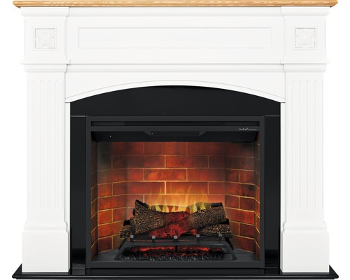 Cheminée avec cadre blanc, plateau en bois et feu électrique