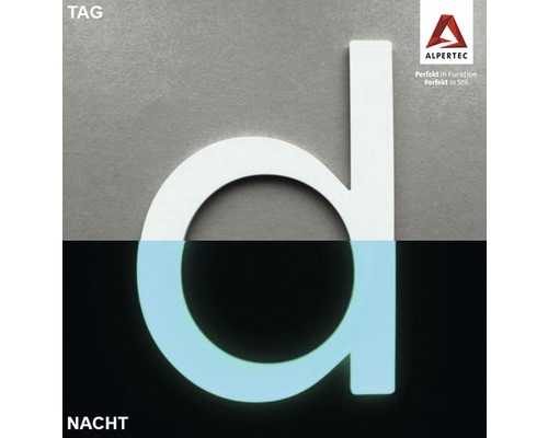 Hausnummer d Nachtleuchtend glow in the Dark selbstleuchtend Alpertec Leucht-Hausnummer Buchstabe d, Darstellung bei Tag und Nacht