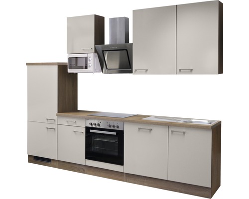 Komplette Küchenzeile mit Hängeschränken, Dunstabzugshaube, Mikrowelle, Herd und Spüle